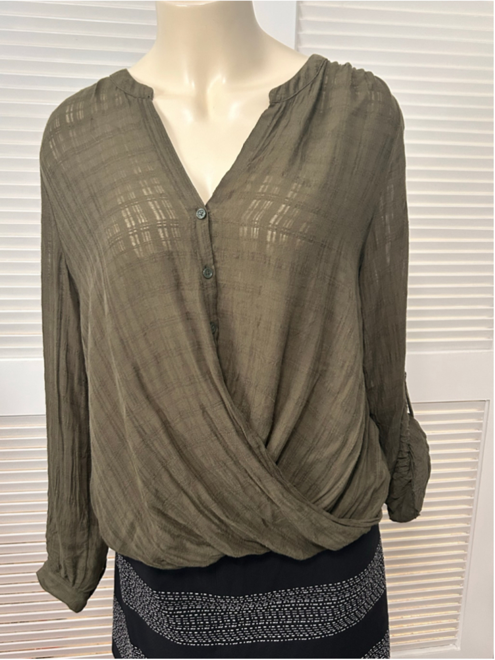 a.n.a Olive Green Textured Wrap-Style Blouse Size M